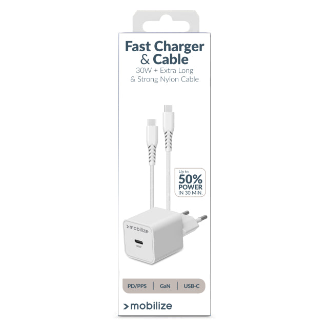 Mobilize Wall Charger USB-C GaN 30W with PD/PPS + USB-C Nylon Cable 1.2m White