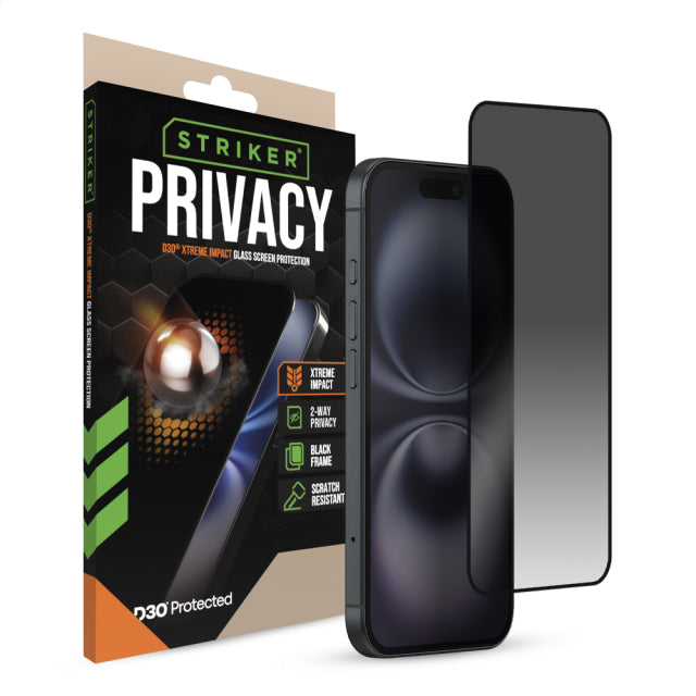 Striker D3O Xtreme Impact Privacy Glass Screen Protector - Black Frame - Apple iPhone 14 Pro/15/16