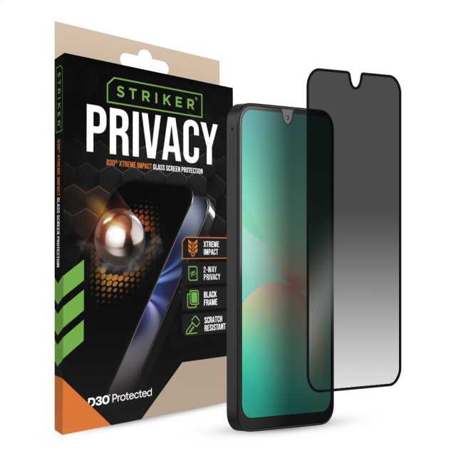 Striker D3O Xtreme Impact Privacy Glass Screen Protector - Black Frame - Samsung Galaxy A16 (4G/5G)/A17 (4G/5G)/A26 5G